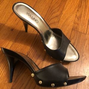 Slip on leather black heels with gold studs
